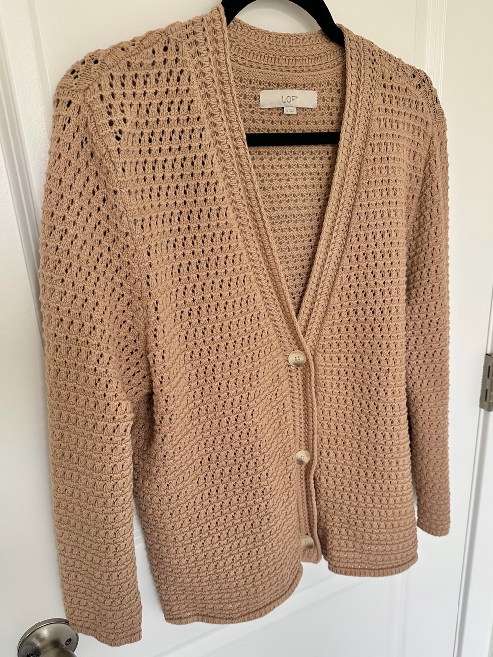 LOFT Women's Tan V-Neck Crochet Button-Front Cardigan - Picture 2 of 8